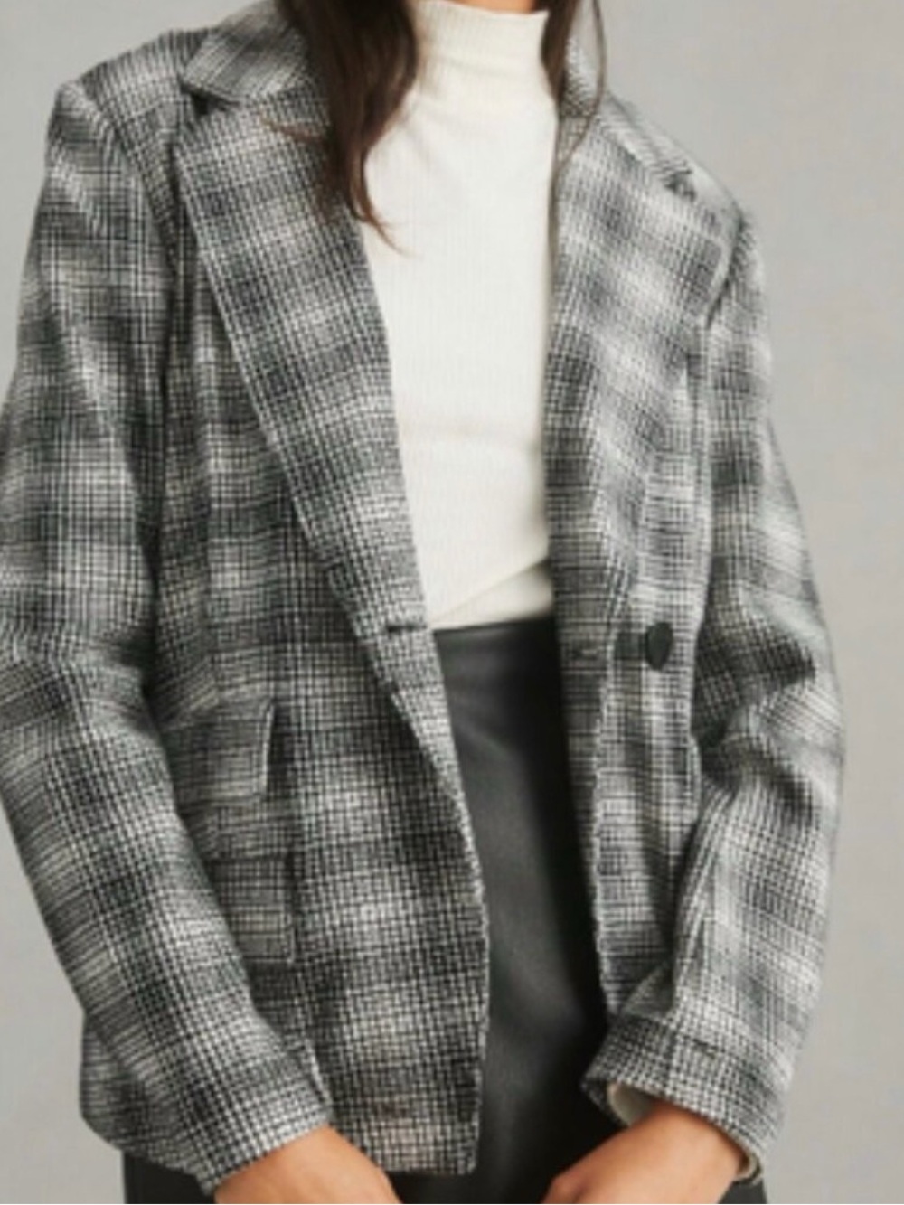 Maeve Anthropologie Collegiate Knit Plaid Single Button Blazer Black Gray Large